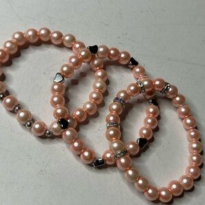 Pink Pearl & Heart Charm Bracelet Set
